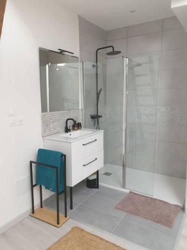 une salle de bain avec un lavabo et une douche dans l'établissement Maison de ville standing proche mer, à Florensac