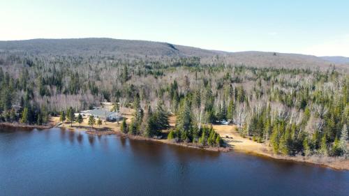 an aerial view of a lake with trees and a house at La Couronne boréale in Rivière-Rouge