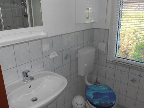 a small bathroom with a sink and a toilet at Ferienhaus Vorwachs 1 in Schwielochsee