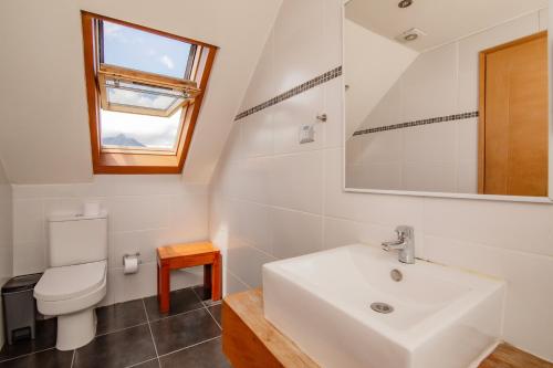 a bathroom with a sink and a toilet and a mirror at Vientos del Sur in Pucón