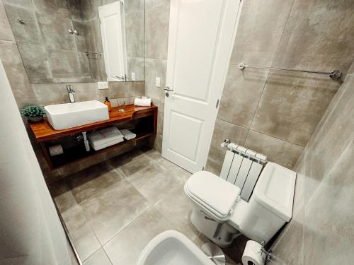 a bathroom with a white toilet and a sink at Destino Calafate in El Calafate