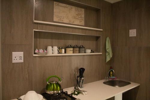 a kitchen with a sink and a stove and a counter top at Barlin Guesthouse in Randfontein