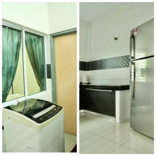 two pictures of a kitchen with a refrigerator at Ipoh Tambun Lost World Le Greens in Ipoh