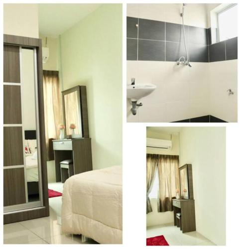 2 Bilder eines Badezimmers mit einem Bett und einem Waschbecken in der Unterkunft Ipoh Tambun Lost World Le Greens in Ipoh