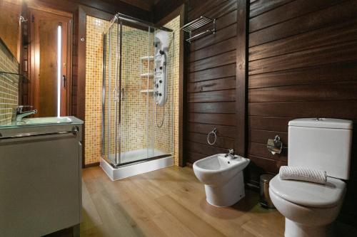 a bathroom with a toilet and a shower and a sink at Stylish Rustic Villa in Vau