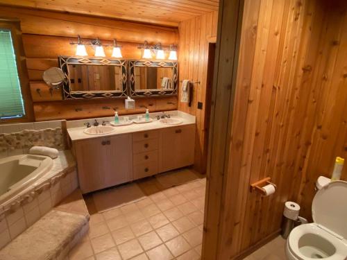 a bathroom with a toilet and a sink and a tub at Two Bear Lodge on Lost Land Lake in Hayward