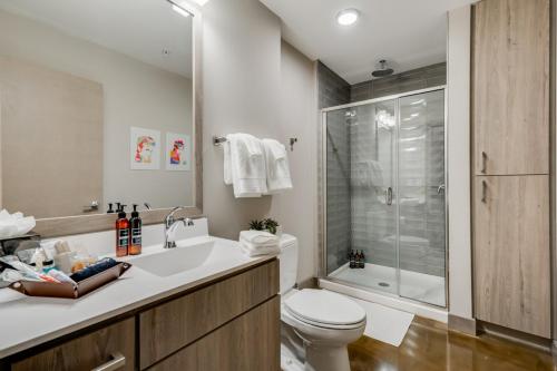 ein Bad mit einem WC, einem Waschbecken und einer Dusche in der Unterkunft Sable 68 - One Bedroom in Minneapolis