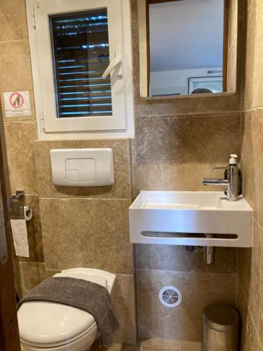 une petite salle de bain avec toilettes et lavabo dans l'établissement Locations au centre-ville de Porto-Vecchio, à Porto-Vecchio