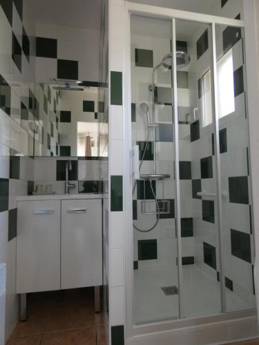 a bathroom with a shower with a glass door at Chambres d'hôtes La Gardie in Vias