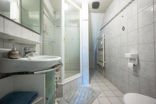 a bathroom with a sink and a shower and a toilet at Lotsenstation am Nord Ostsee Kanal in Schülp