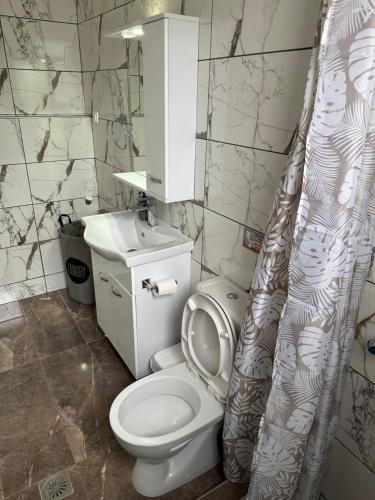 a bathroom with a toilet and a shower curtain at Welcome in Salamina in Salamís