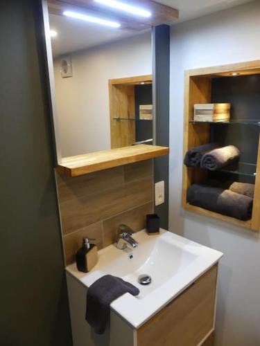 a bathroom with a sink and a mirror at La tanière des oursons in Aywaille