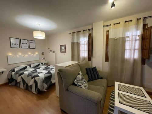 a living room with a bed and a couch at Habitación con encanto in Granada