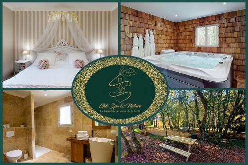 a collage of four pictures of a hotel room at Gîte Spa & Nature in Saint-Chamassy