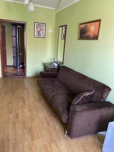 a brown couch in a living room with green walls at Apartments in Umanʼ