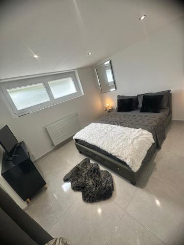 una camera con un grande letto in una stanza con finestre di Joli appartement au calme avec place de parking privé a Saint-Jean-Bonnefonds