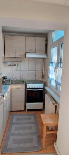 a kitchen with a sink and a stove top oven at Fely Room in Petroşani