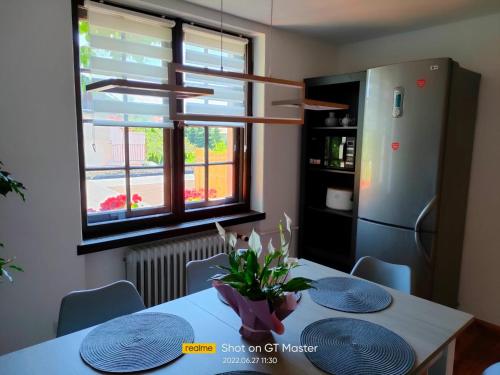 a kitchen with a table and a refrigerator at Apartament Forest in Mysłakowice