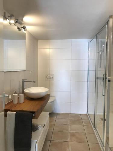 a bathroom with a sink and a glass shower at Casa Conti al Lago in Ronco s/Ascona - Porto Ronco