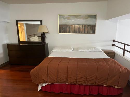 1 dormitorio con cama y espejo en Full loft apartment near Omni Hotel en New Haven