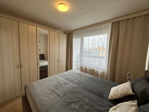 Un dormitorio con una cama grande y una ventana en Apartmán Simcity 2 en Banská Bystrica