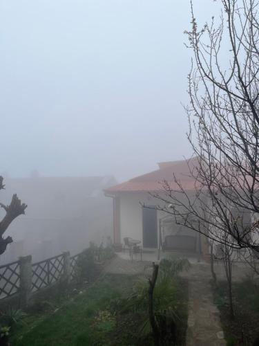 a house in the fog with a table in the yard at ANI-a in Sighnaghi