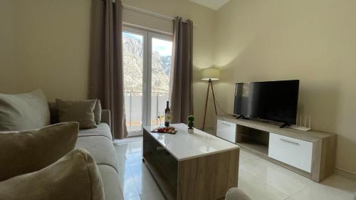 Apartments Seaview Estate Radovic في كوتور: غرفة معيشة مع أريكة وتلفزيون