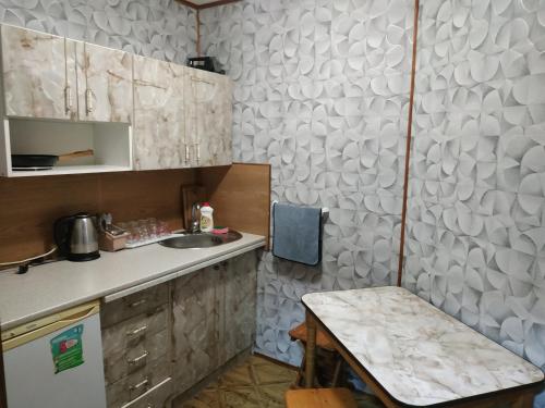a small kitchen with a sink and a counter at V Ulyanu in Yaremche