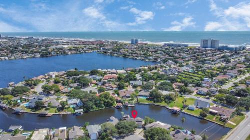 an aerial view of a city and a river at Madeline Lake Oasis Home in Galveston On the Water! in Galveston