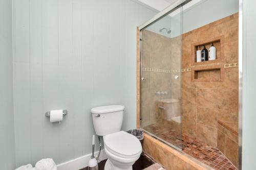 a bathroom with a toilet and a shower at Cozy Historic Galveston House-8 min walk to beach! in Galveston