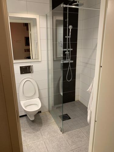 a bathroom with a toilet and a glass shower at OWN ROOM WITH BIG BED IN A BIG HOUSE! in Luleå