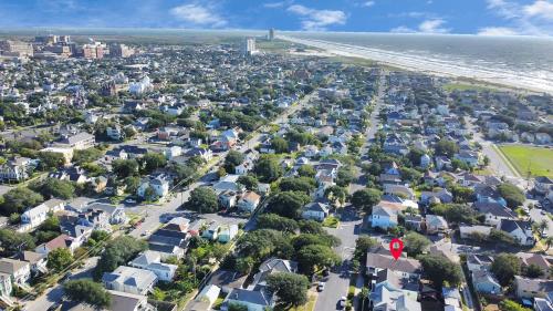 an aerial view of a city with houses and the beach at Historical Galveston House - 2 min drive to sand!! in Galveston