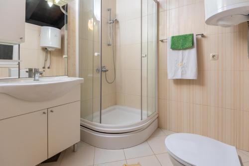 uma casa de banho com um chuveiro, um WC e um lavatório. em Holiday Home Kuna Pelješac em Kuna Pelješka