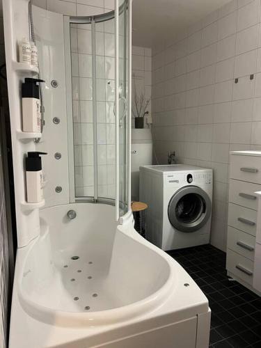 a bathroom with a shower and a washing machine at House in the nature, Tromsø in Tromsø