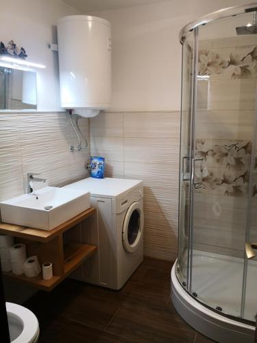 a bathroom with a sink and a washing machine at Stanovanje v Žalcu in Žalec