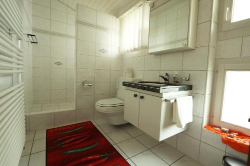 een witte badkamer met een wastafel en een toilet bij Dorf-Schmiede - Bed und Breakfast in Müllheim