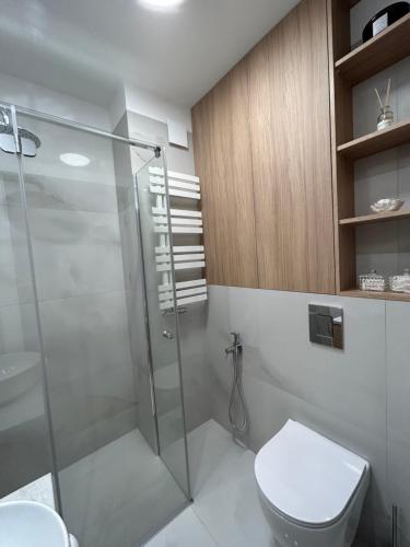 a bathroom with a shower and a toilet and a sink at Apartament Nowe Ogrody in Leszno