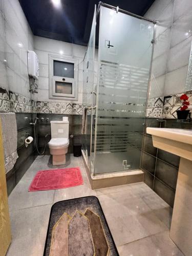 Un baño con ducha, inodoro y lavabo. en Hi Pyramids, en El Cairo