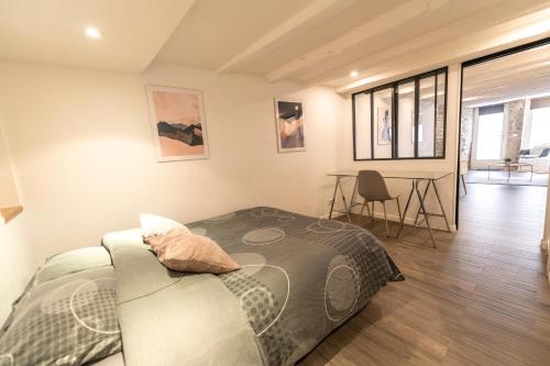 a bedroom with a bed and a table in a room at CONFORTABLE 2 PIÈCES AU CŒUR DU CENTRE HISTORIQUE in Vienne