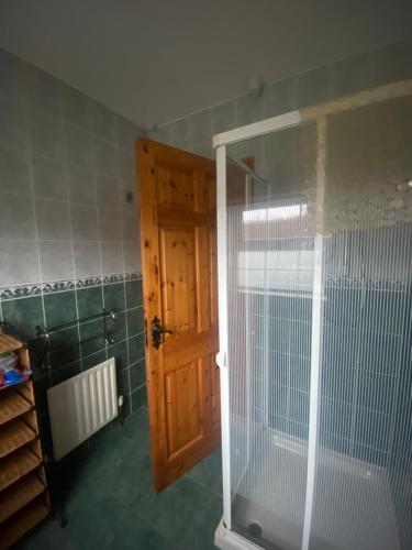 a bathroom with a shower and a wooden door at Dromkeal View apartment in Cork