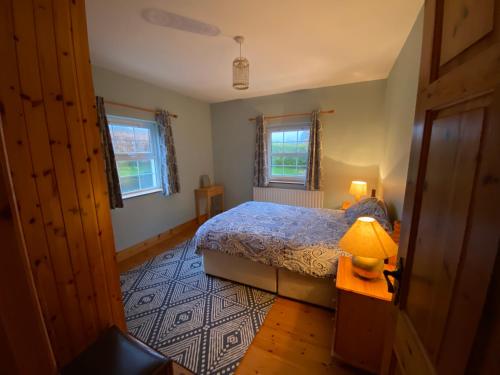 a bedroom with a bed and a lamp on a table at Dromkeal View apartment in Cork