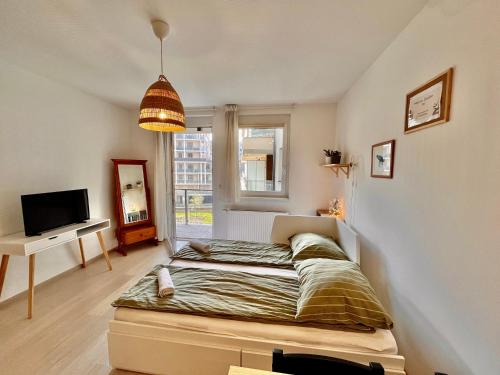 a bedroom with a bed and a television in it at Marina Garden in Budapest