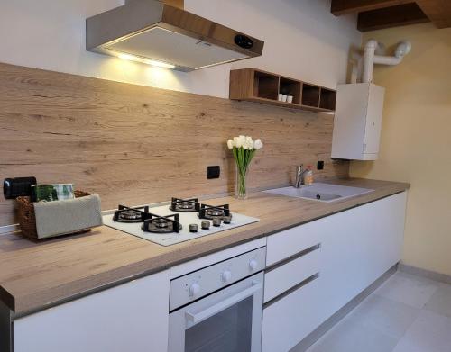 a kitchen with a stove and a sink at Borgo Antico Lake Endine Hospitality in Endine Gaiano