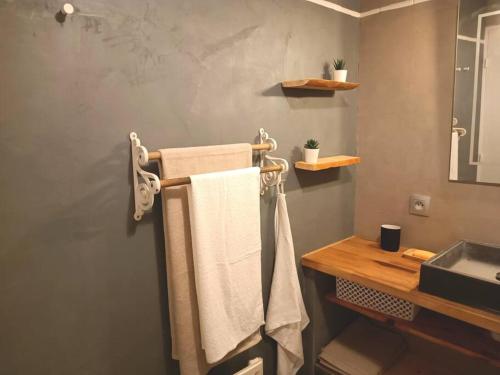La salle de bains est pourvue de serviettes suspendues sur un portant à côté d'un lavabo. dans l'établissement LE COSY plein centre avec terrasse, à Meximieux