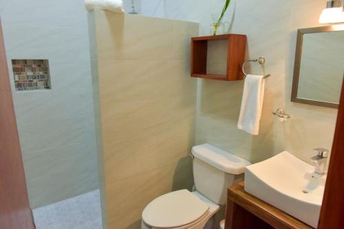 a bathroom with a toilet and a sink and a mirror at Telchac Beach House in Telchac Puerto