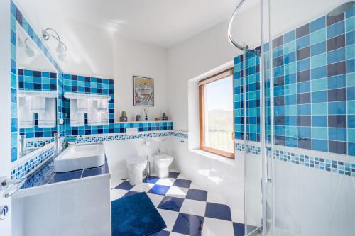Cascina Gazzeri Country House في Tagliolo Monferrato: حمام من اللون الأزرق والأبيض مع دش زجاجي