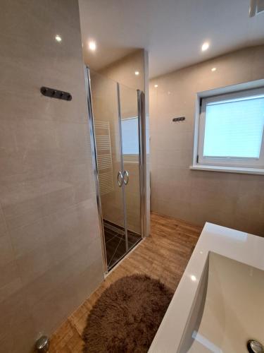 ein Bad mit einer Dusche und einem Waschbecken in der Unterkunft Appartement Fortuna in Saalfelden am Steinernen Meer