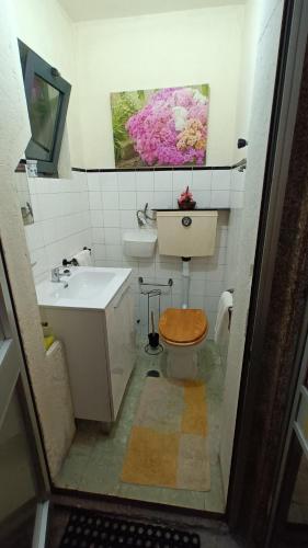 a small bathroom with a toilet and a sink at Casa dragão in Porto