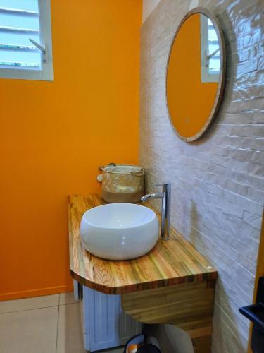 un bagno con lavandino e specchio di Cottages Les Ventilés a Deshaies