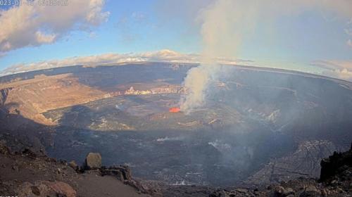an aerial view of a volcano with smoke coming out at Volcano One - Modern Studio with Lanai near Volcano National Park in Volcano